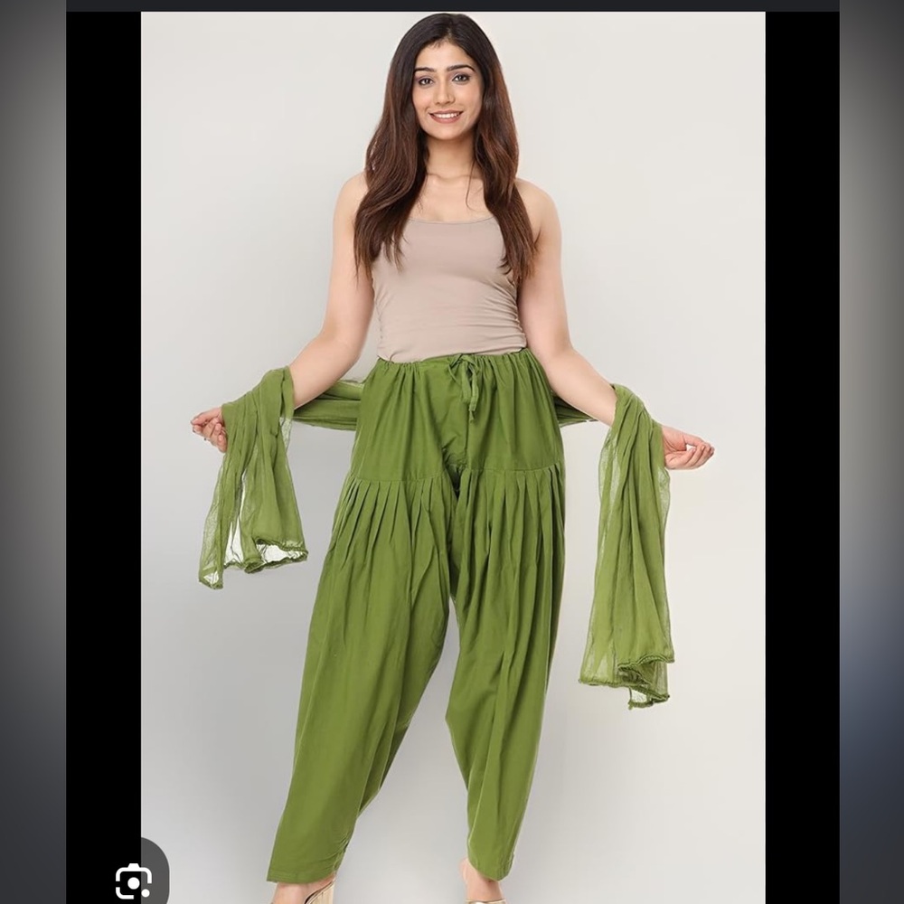 Women’s green silky chiffon style pleated semi Patiala pants drawstring unique